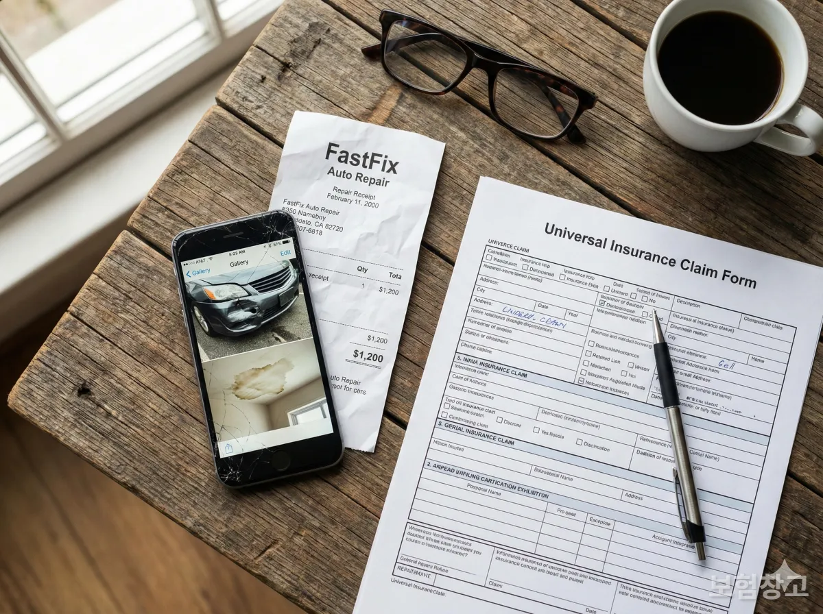 보험금 청구를 위해 필요한 누수 피해 사진, 영수증, 청구서 서류 모음