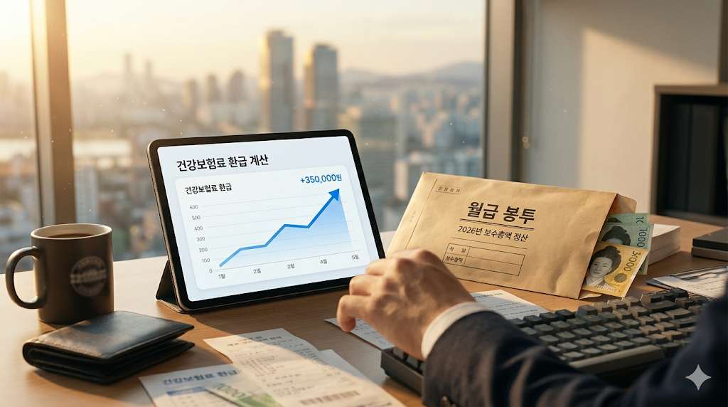 직장인 건강보험료, 계산기 옆에 놓인 월급 봉투와 화폐