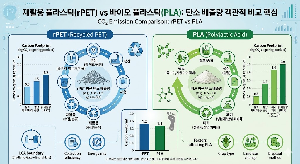 재활용 플라스틱(rPET) vs 바이오 플라스틱(PLA): 탄소 배출량 객관적 비교 완벽 정리 2026
