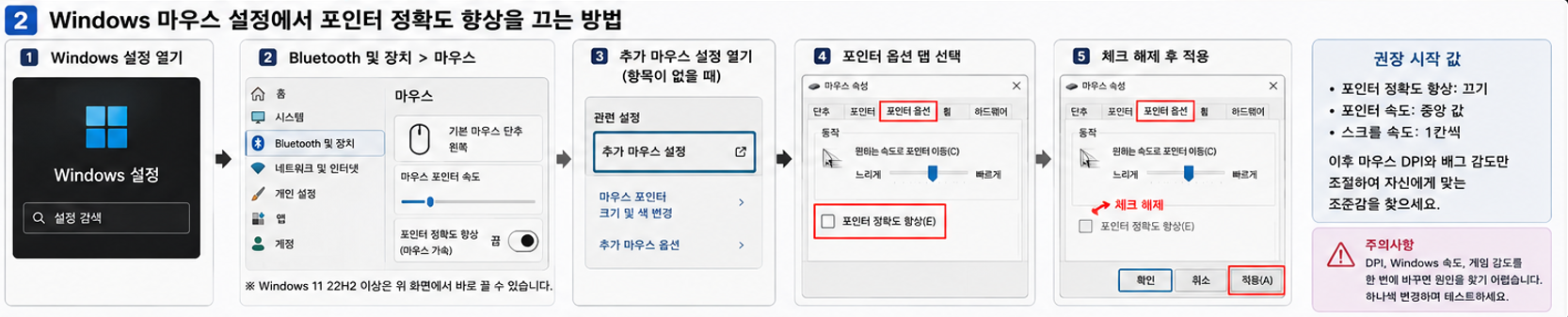 Windows 마우스 설정에서 포인터 정확도 향상을 끄는 방법