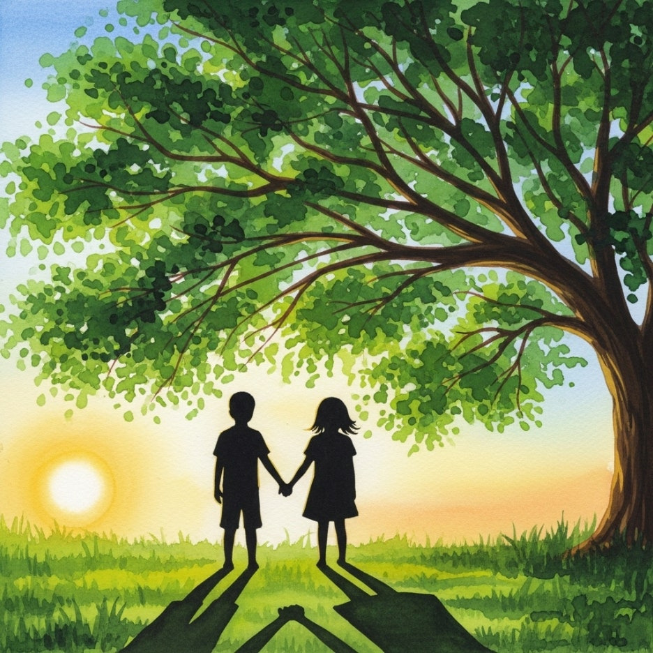 큰 나무 아래에서 보호받는 아이들의 실루엣