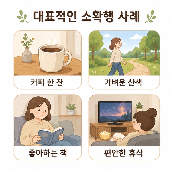 커피 한 잔과 산책, 독서, 영화 감상처럼 사람마다 다르게 느낄 수 있는 소확행의 사례를 보여주는 이미지