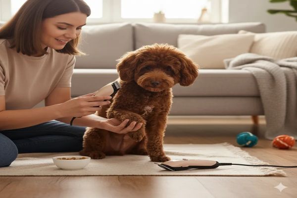 집에서 편안하게 보호자와 함께 위생 미용을 하는 갈색 푸들. 강아지가 클리퍼 소리에 익숙해지도록 간식을 먹으며 얌전히 앉아있고, 보호자는 부드러운 손길로 발바닥 털을 정돈한다.