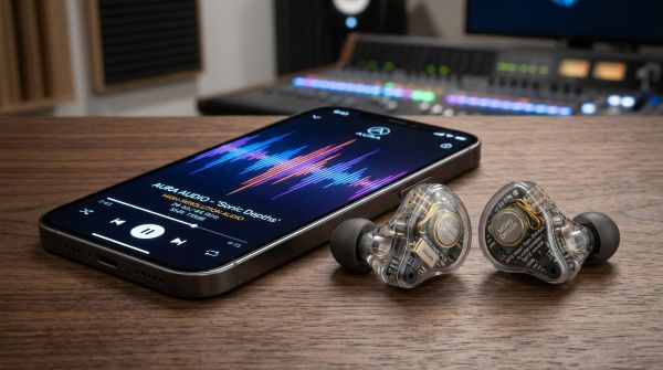 A pair of sleek, semi-transparent wireless earbuds showing internal MEMS speakers and tiny health sensors, placed next to a smartphone displaying a high-resolution audio wave, professional studio lighting