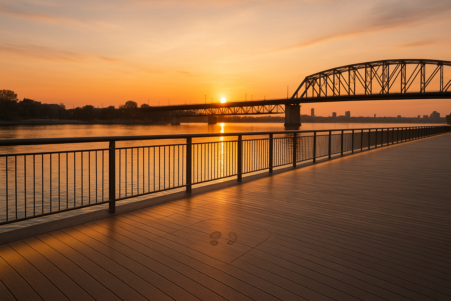 "해질녘 리버보드워크 포토 데크: 난간에서 이격된 데크, 바닥 밴티지 포인트와 따뜻한 3500K 라인 조명, 다리 트러스가 만드는 자연 프레이밍"