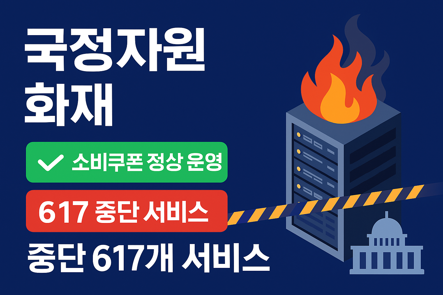 국정자원 화재로 중단·복구 현황과 ‘소비쿠폰 정상’ 배지를 보여주는 정부서비스 그래픽