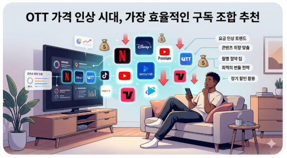 거실에서 소파에 앉아 고민에 잠긴 한 남성과 다양한 가상의 OTT(온라인 동영상 서비스) 플랫폼 아이콘, 그리고 분석 데이터들이 어우러진 현대적인 일러스트레이션입니다.
이미지 중앙 상단에는 **'OTT 가격 인상 시대, 가장 효율적인 구독 조합 추천'**이라는 글자가 크고 명확하게 적혀 있습니다.
그 아래 왼쪽에는 커다란 TV 화면이 있으며, 화면 속에는 그래프, 차트, 그리고 넷플릭스(Netflix), 디즈니플러스(Disney+), 'OTT'라고 쓰인 가상의 로고들이 표시되어 있습니다. TV 화면 왼쪽으로는 '콘텐츠 취향 맞춤 85%'라는 분석 수치와 진행 바 그래프가 떠 있습니다.