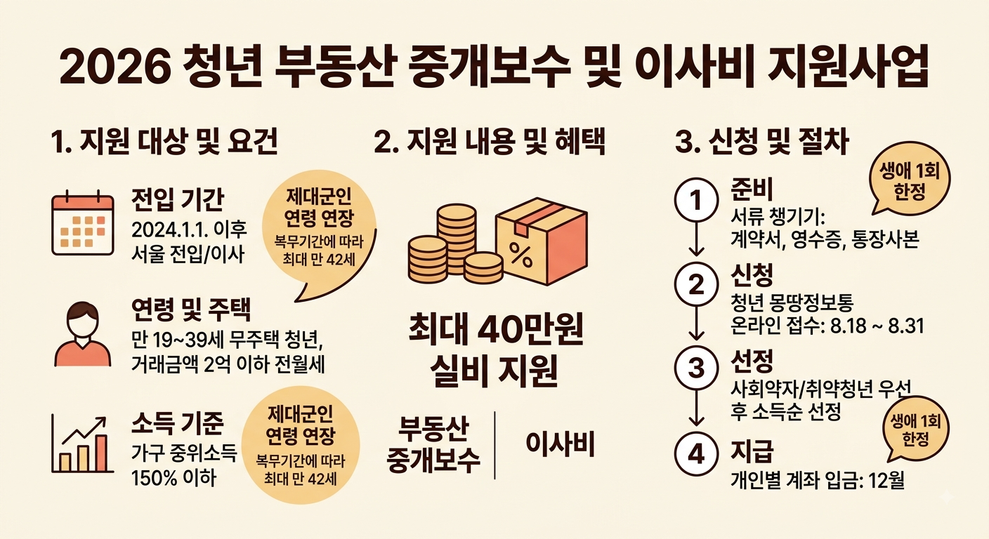 2026년 서울시 청년 부동산 중개보수 및 이사비 지원사업 대상 소득기준 신청방법 인포그래픽