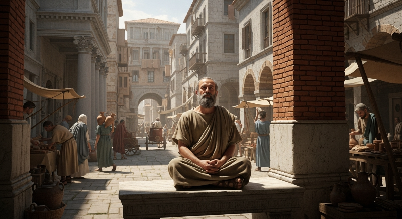 고대 도시의 혼란 속에서도 평온하게 사색에 잠긴 고대 철학자의 모습. 외적 혼란에도 불구하고 내면의 평화를 유지하는 모습을 보여줍니다.