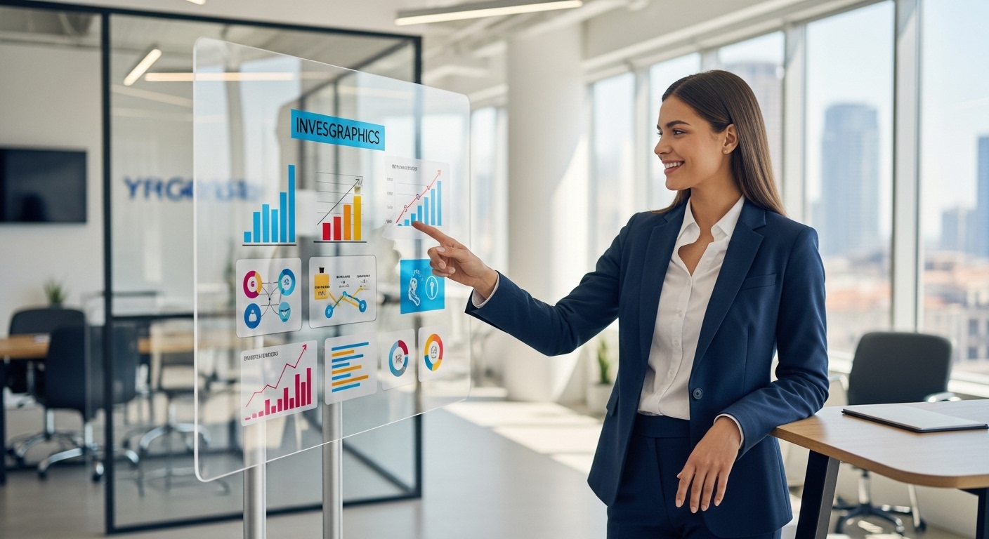 A friendly and professional financial consultant pointing at a clear infographic on a screen, with a background of a bright and modern office. Trustworthy and helpful mood.