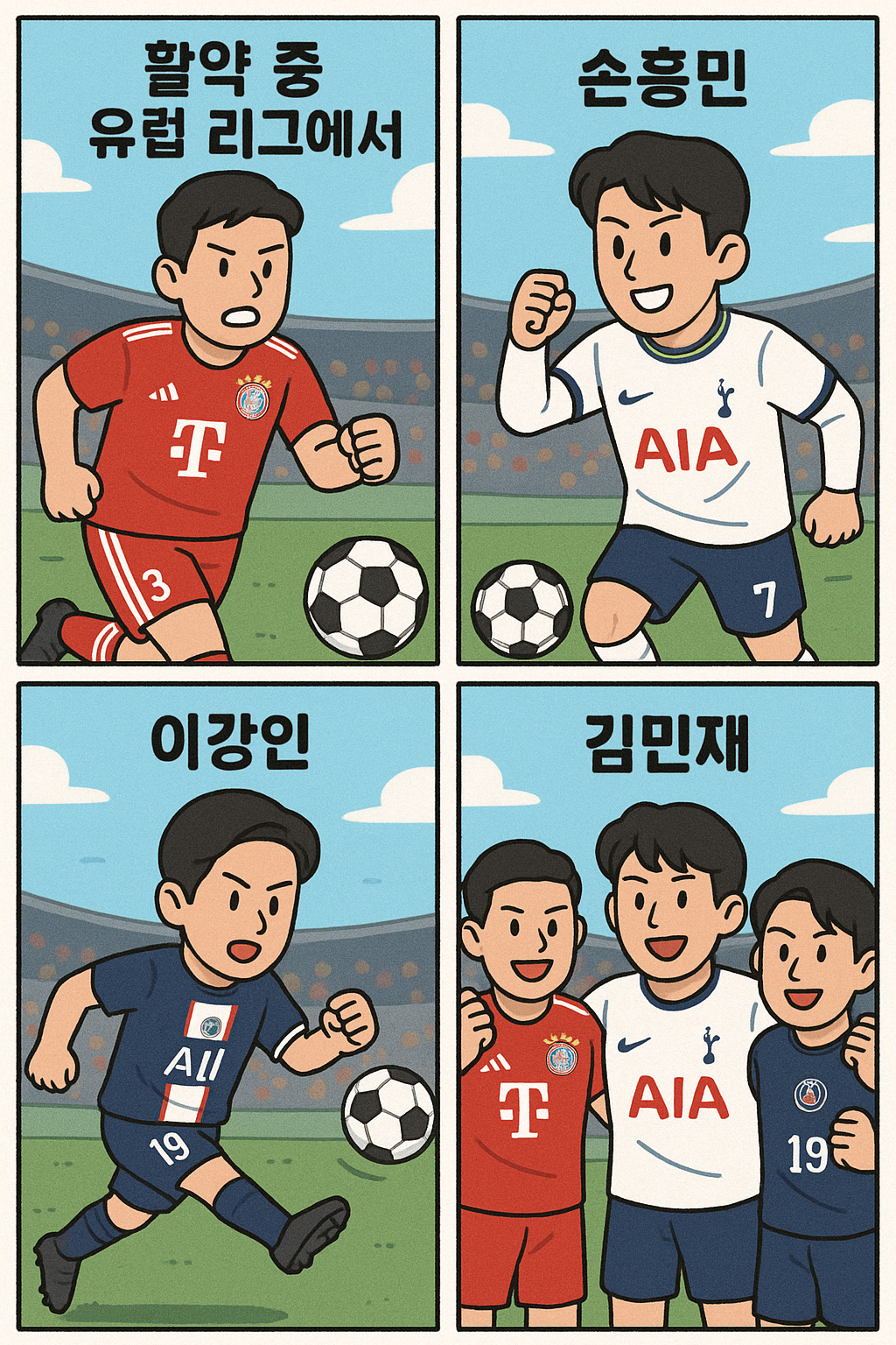 바이에른 뮌헨의 김민재, 토트넘의 손흥민, PSG의 이강인이 유럽 리그에서 활약하는 모습을 담은 4컷 만화 스타일 이미지