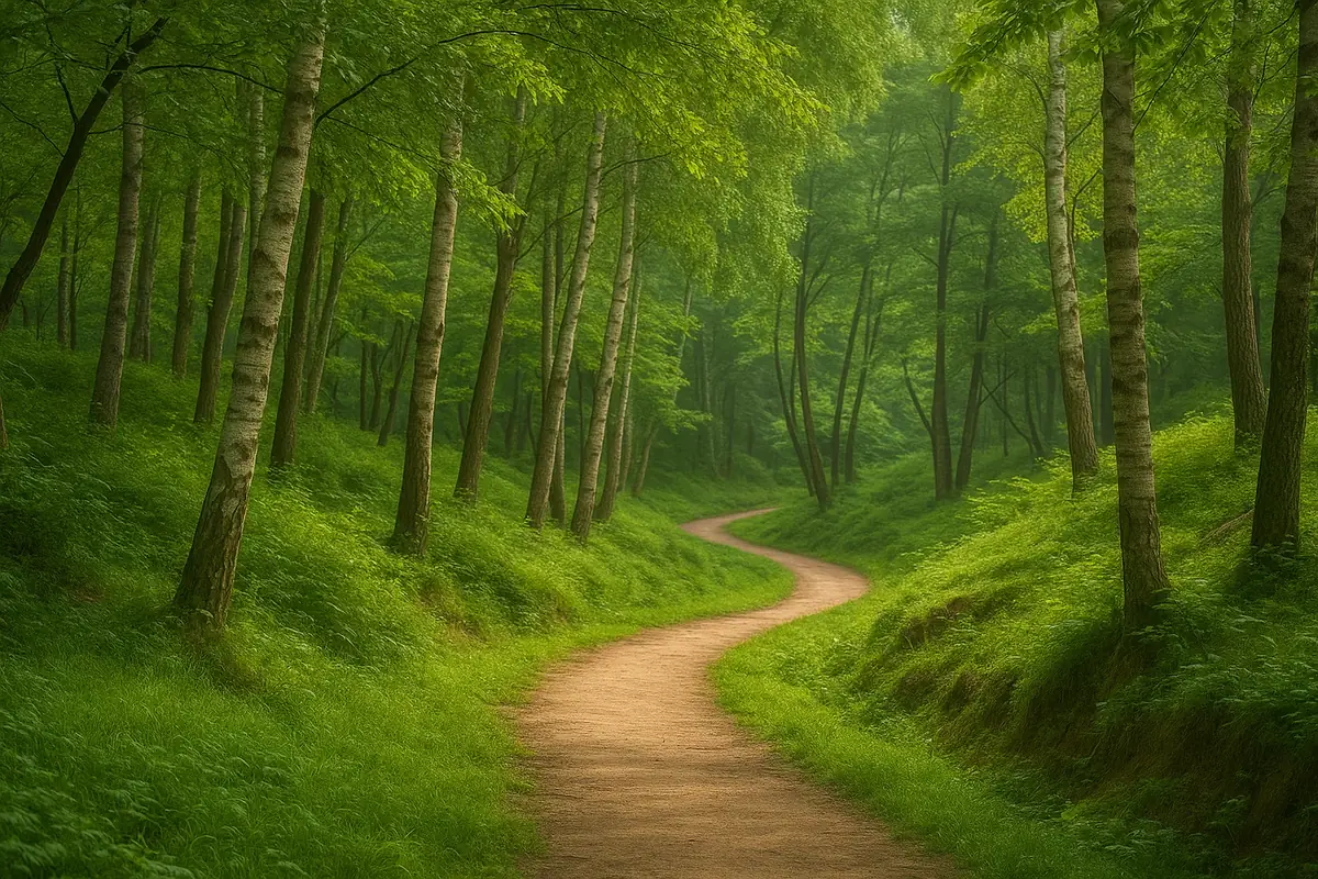 푸른 숲속을 따라가는 구불구불한 산책길