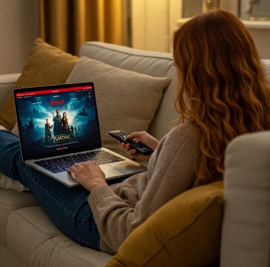 여성이 소파에 앉아서 노트북으로 넷플릭스를 시청하고 있음