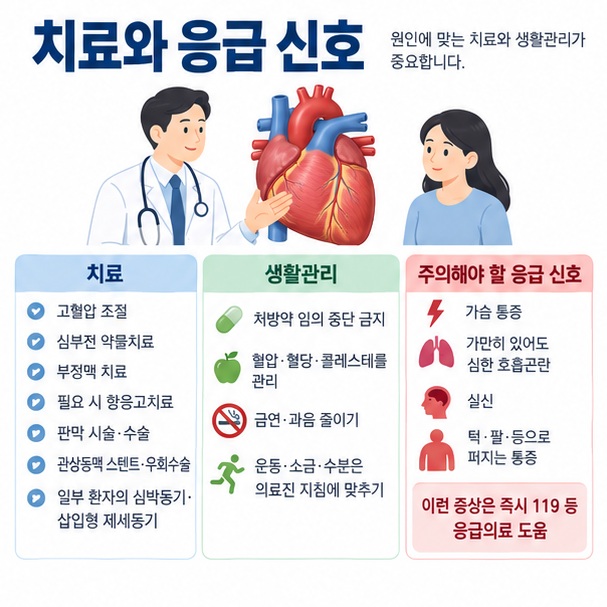 심장 비대 치료에서 혈압관리 약물치료 부정맥 치료 판막수술과 응급 증상 확인을 정리한 이미지