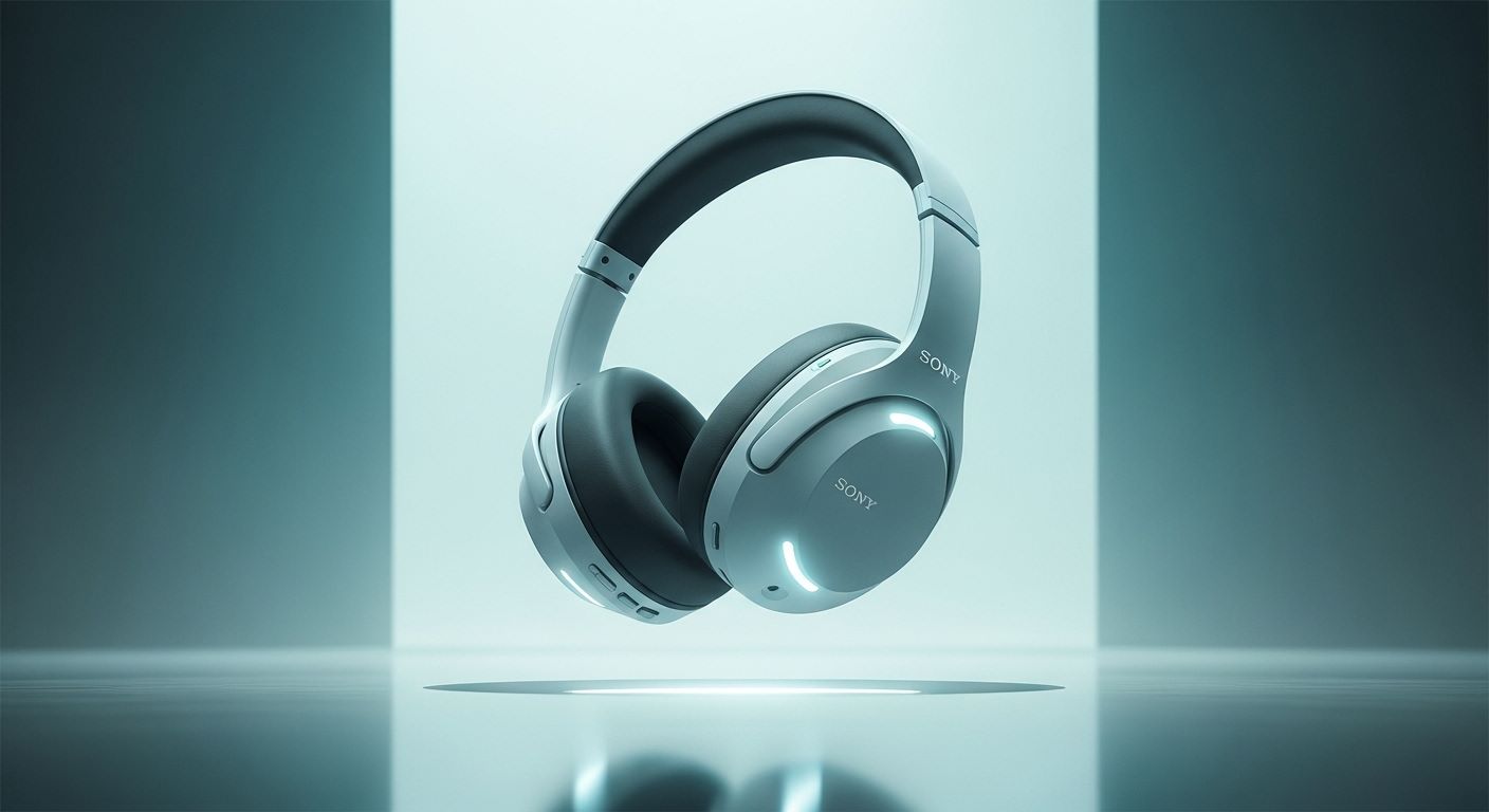 미래지향적인 초경량 소니 노이즈 캔슬링 헤드폰이 공중에 떠 있는 모습, 혁신적인 디자인과 가벼움을 강조합니다.