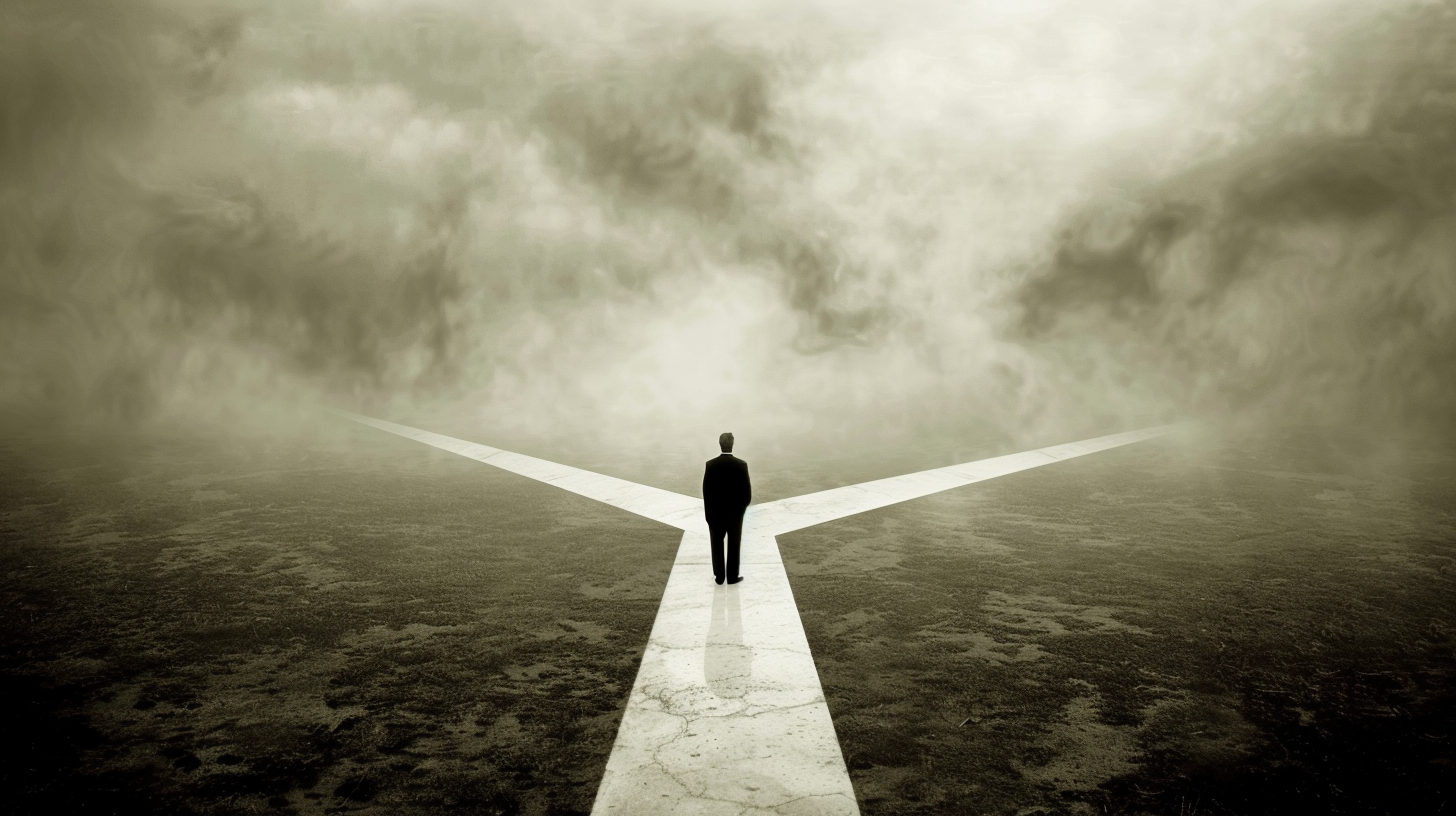 A person standing at a crossroads, struggling with decision making