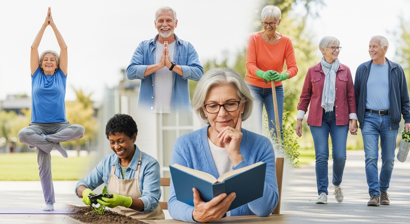 요가, 정원 가꾸기, 산책 등 다양한 활동을 즐기며 활기찬 노년을 보내는 시니어들의 모습.