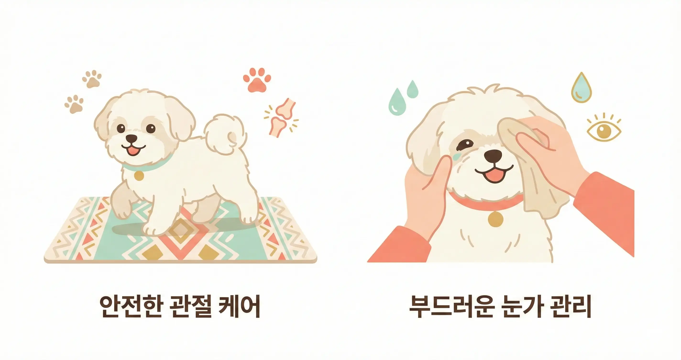 미끄럼 방지 매트 위에서 안전하게 걷는 몰티즈와 눈가 관리 모습