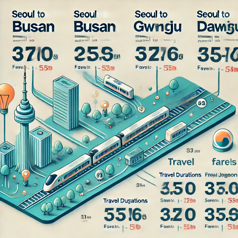 KTX 주요 노선 요금표를 보여주는 인포그래픽. 서울에서 부산, 광주, 대전 등 노선별 요금과 소요 시간을 깔끔하게 정리한 표