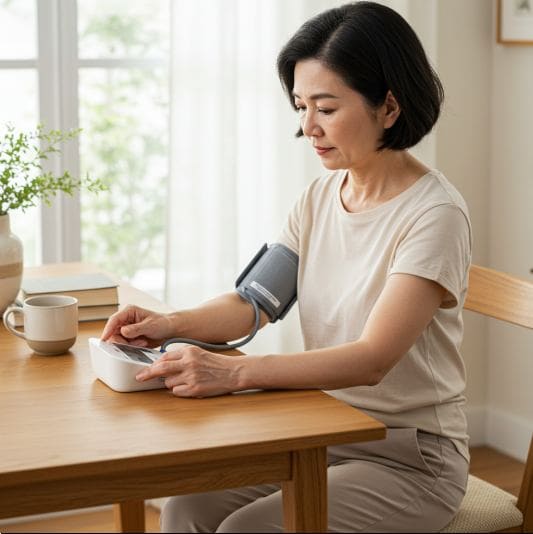 대나무 수액 효능 혈압 안정, 혈압 체크하는 고혈압 중년 여성 사진