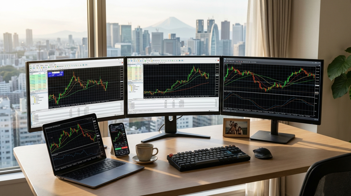 FX取引環境、複数モニター、MT4 MT5プラットフォーム、トレーダーのデスク