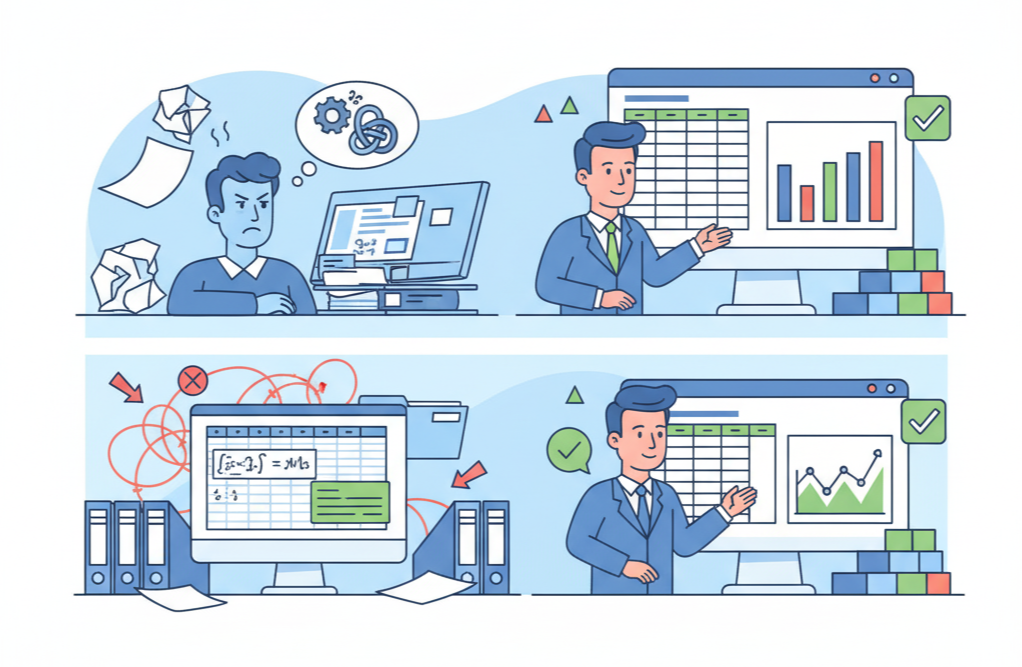 엑셀 피벗테이블 활용 전후 비교 일러스트 - 왼쪽은 복잡한 수식과 어수선한 스프레드시트로 고민하는 직장인, 오른쪽은 깔끔하게 정리된 피벗테이블과 차트로 효율적으로 작업하는 전문가의 모습을 대조적으로 보여주는 업무 생산성 개선 이미지