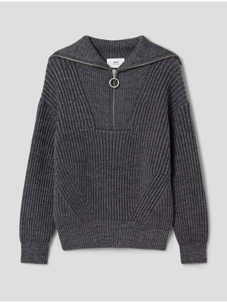 Zip Collar Ribbed Jumper - Heather Grey 정면