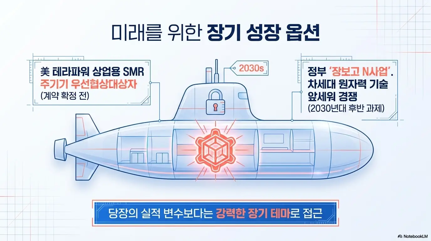 HD현대중공업 주가 전망: 잠수함 단면으로 HD현대중공업의 장기 성장 옵션을 그린 인포그래픽. 미국 테라파워 상업용 소형모듈원전 주기기 우선협상대상자 지위와 정부 장보고 N사업의 차세대 원자력 기술 경쟁을 다루며&amp;#44; 2030년대 후반 과제로 장기 테마임을 강조함. 