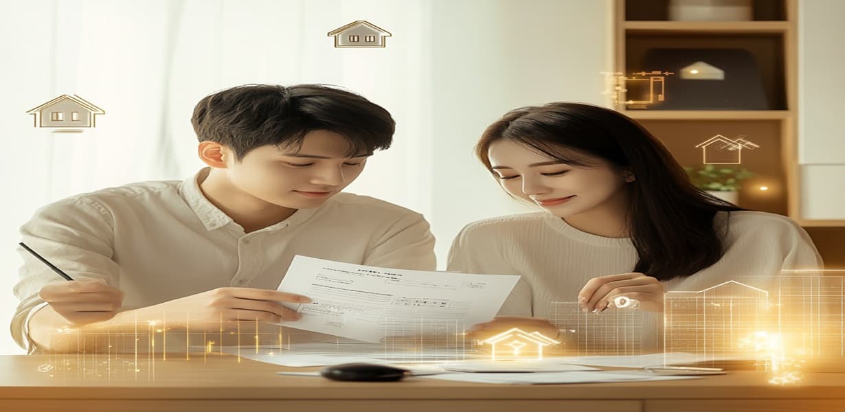 전세대출 서류를 검토하는 한국인 부부를 묘사한 이미지