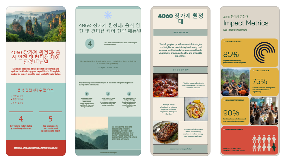 4060 장가계 원정대를 위한 음식 안전 전략을 인포그래픽으로 만들었다. 위험 요소 4가지, 식사 운영 전략 5가지, &lsquo;하루 컨디션 회복 루틴&rsquo;