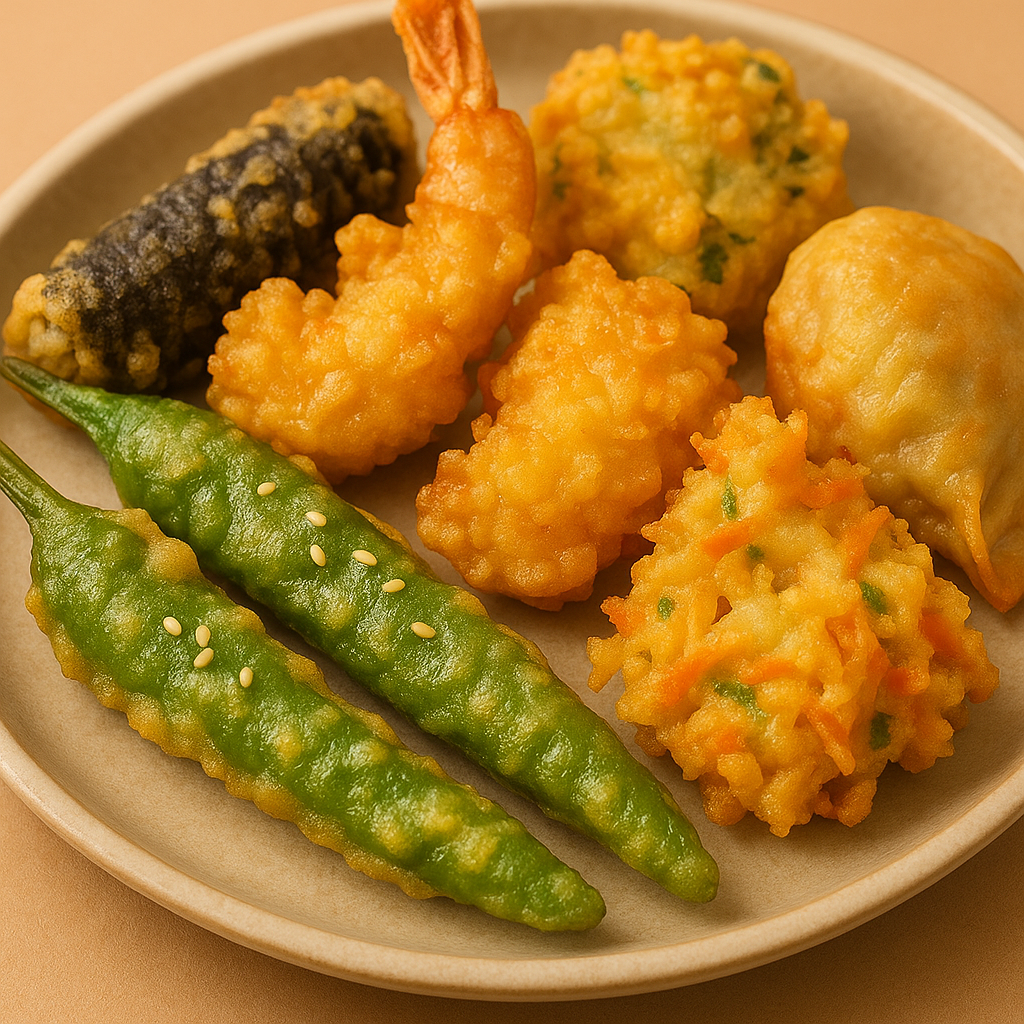 Korean twigim plate featuring crispy gochu twigim, shrimp twigim, gimmari, vegetable twigim, and mandu twigim, perfect with spicy tteokbokki.