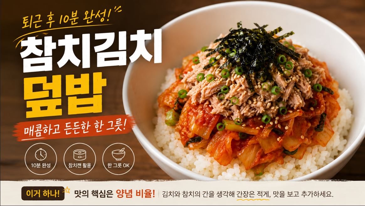 참치 기름에 김치를 볶아 밥 위에 올리고 참치와 통깨를 더한 김치참치덮밥