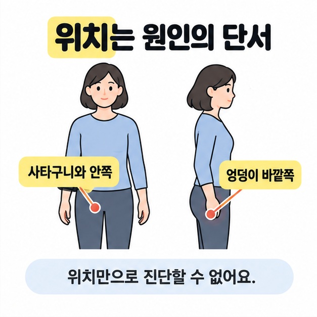 성인의 정면과 측면에서 사타구니와 안쪽, 엉덩이 바깥쪽을 표시하고 위치만으로 진단할 수 없음을 알리는 도식