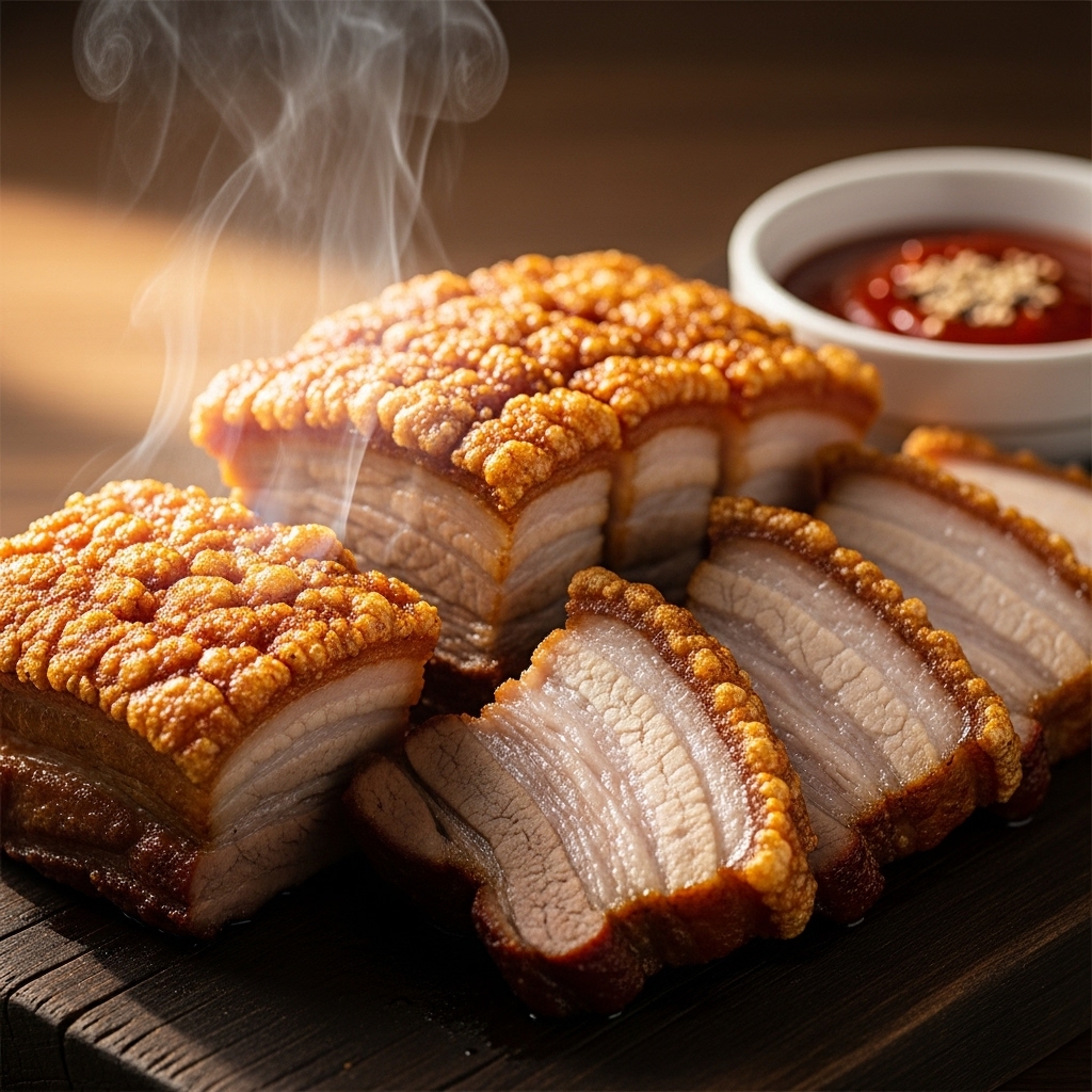 에어프라이어에서 갓 나온 겉바속촉 통삼겹살 구이 슬라이스. 육즙 가득한 먹음직스러운 모습.