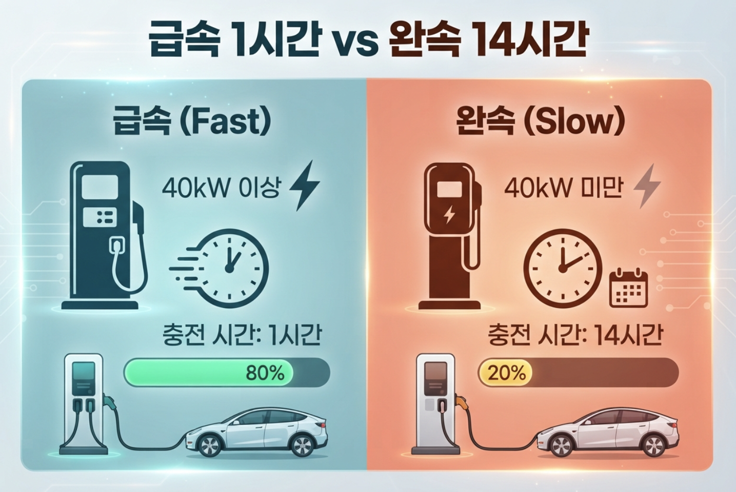 전기차 충전구역 급속충전 1시간과 완속충전 14시간 주차 기준을 비교한 이미지