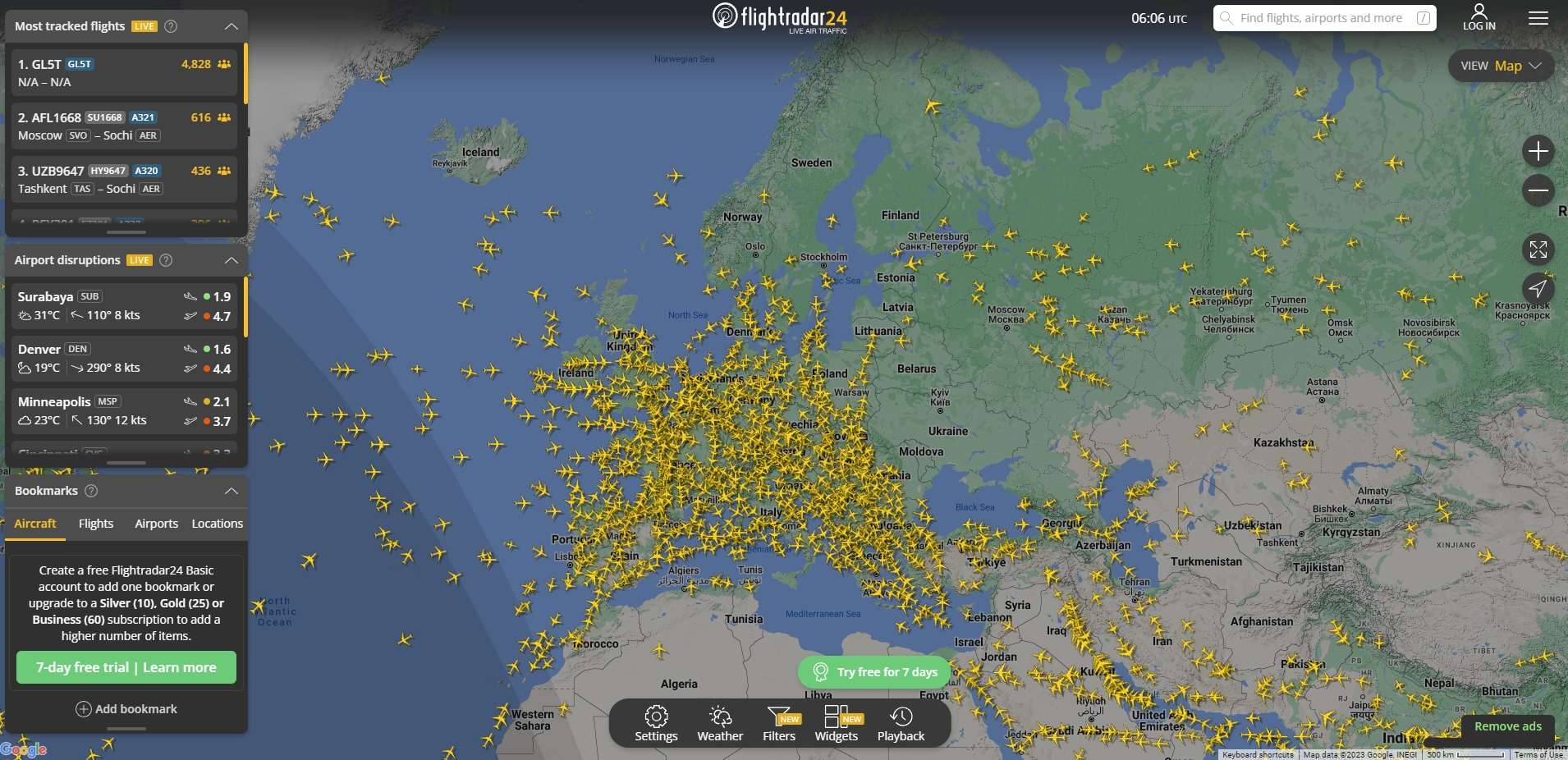 지도에서 비행기를 선택했을 때 나타나는 상세 정보창 화면