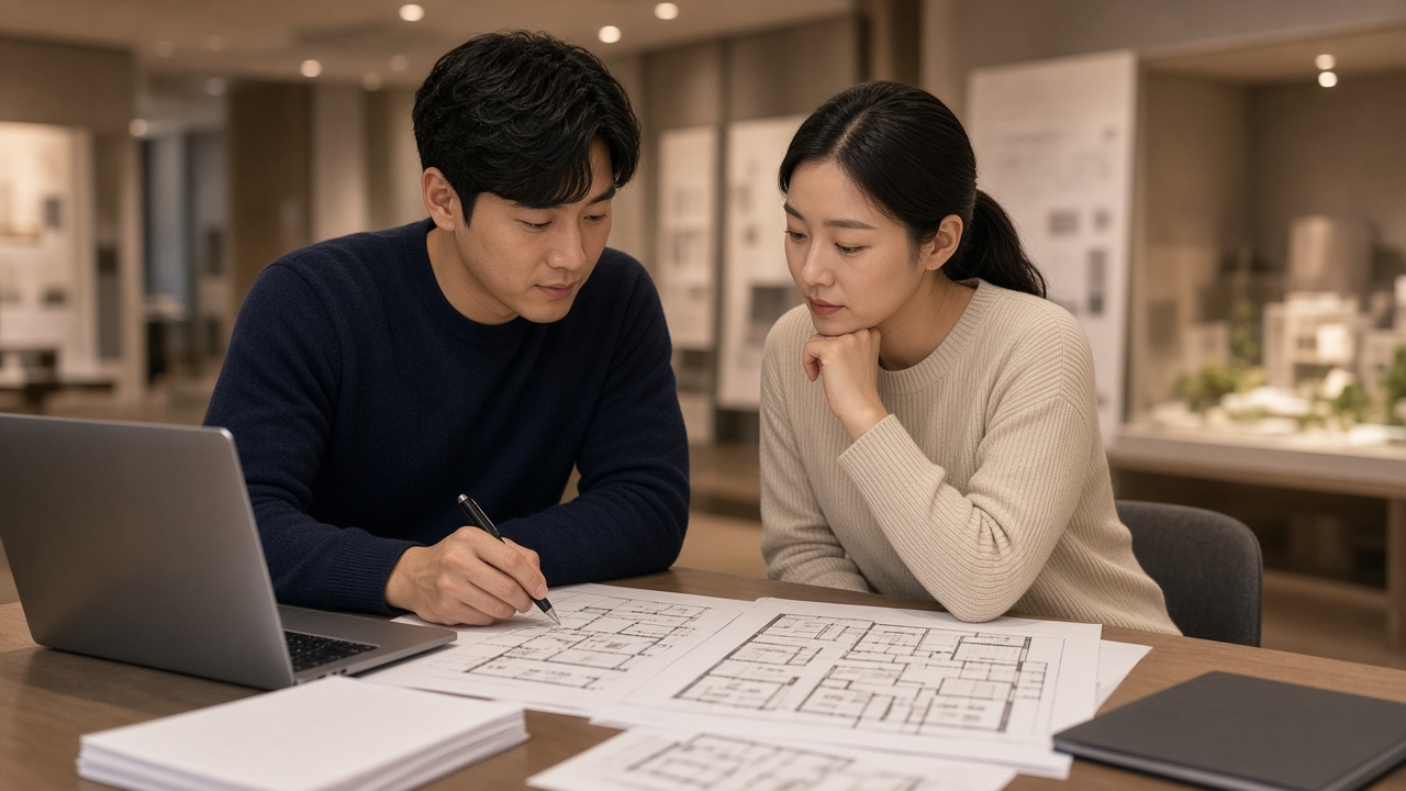 견본주택 상담 테이블에서 30대 초반 한국인 부부가 노트북과 평면도를 놓고 청약 서류를 검토하는 모습