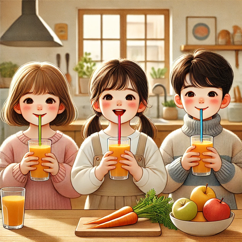 밝고 행복한 표정의 한국 어린이들이 주방 테이블에서 당근사과 스무디를 마시는 모습. 따뜻한 조명과 자연스러운 분위기.