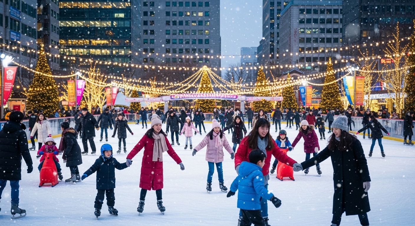 서울광장 스케이트장에서 사람들이 즐겁게 스케이트를 타고 있는 활기찬 겨울 풍경, 주변에 화려한 조명이 빛난다.