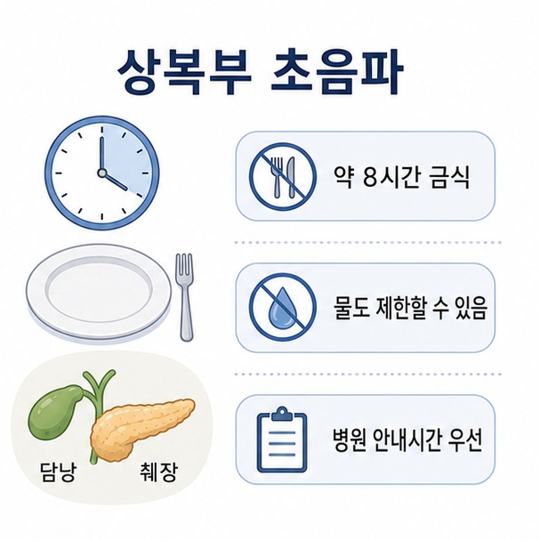 상복부 초음파 전에 약 8시간 금식하고 검사기관에 따라 물까지 제한할 수 있다는 준비사항을 표현한 이미지
