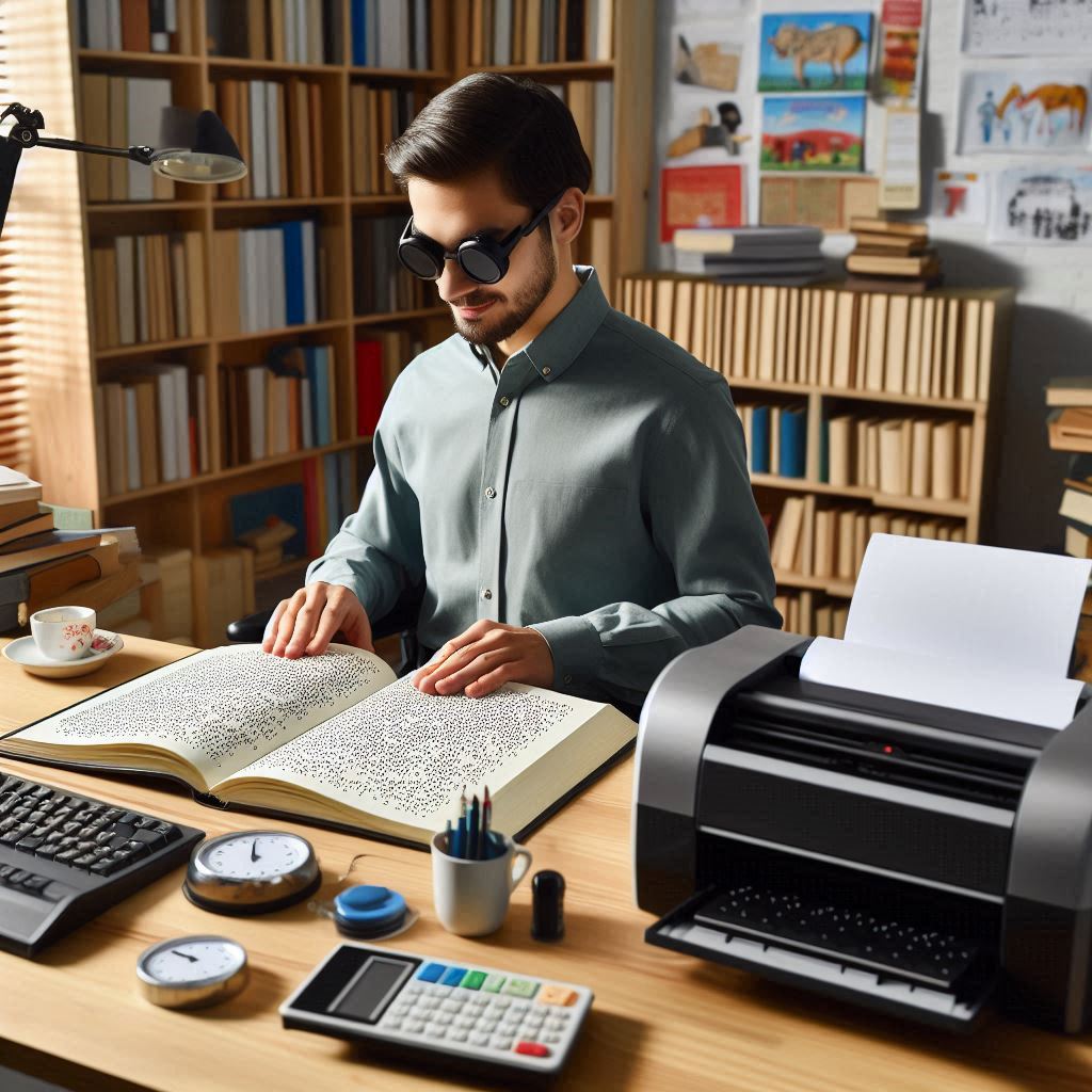 시각장애인이 점자도서를 읽고 있는 모습. 옆에는 점자 프린터와 다양한 보조기기들이 보인다. 배경에는 점자도서가 가득한 서가가 있다.
