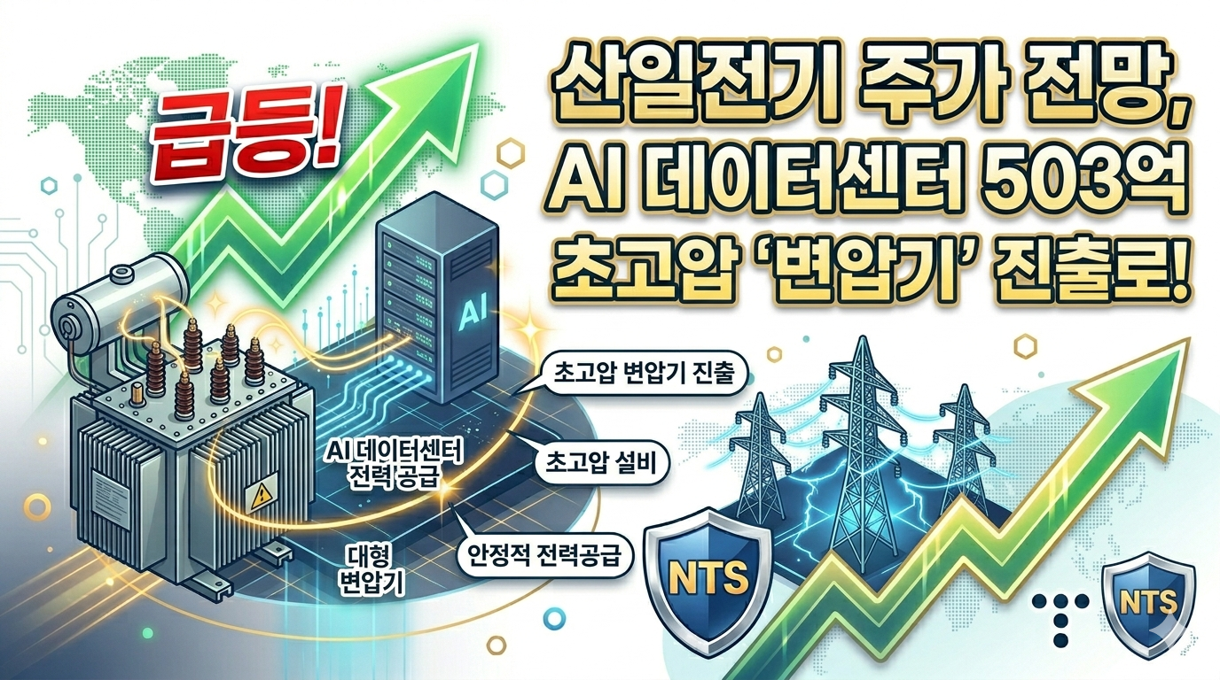 산일전기 본사 전경 사진 위로 '503억 역대급 수주'와 'AI 데이터센터 진입' 문구가 강조되고 오른쪽으로 솟구치는 주가 그래프와 블룸에너지 로고가 배치된 상승 모멘텀 시각화 이미지
