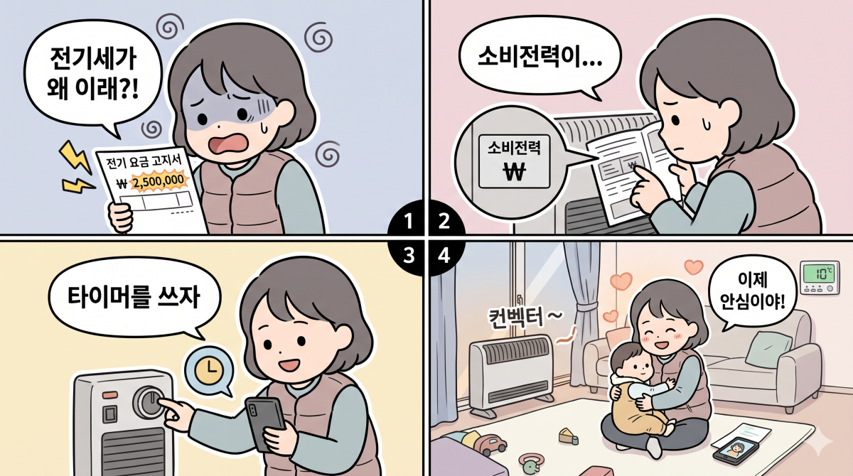 소비전력과 사용 시간을 확인하여 누진세 걱정을 덜어내는 4컷 만화
