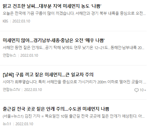 미세먼지 관련 뉴스 : 2022.03.10일자