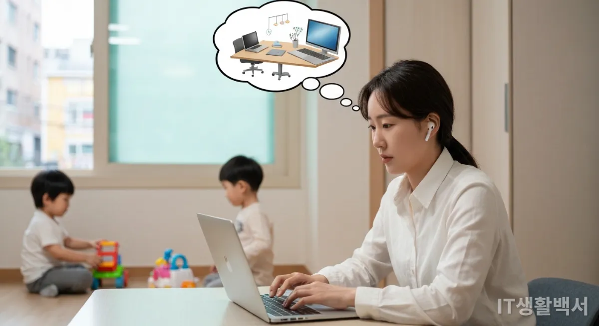 재택근무 중인 여성이 주변 소음 속에서 무선 이어폰으로 집중하는 모습