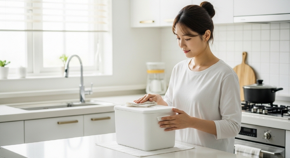 밝은 주방 쌀통 위 먼지다듬이 치우는 모습