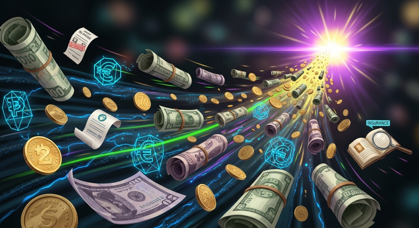 통신비 과오납, 휴면 계좌 등 흩어져 있던 다양한 숨은 환급금이 한곳으로 모이는 시각화 이미지.