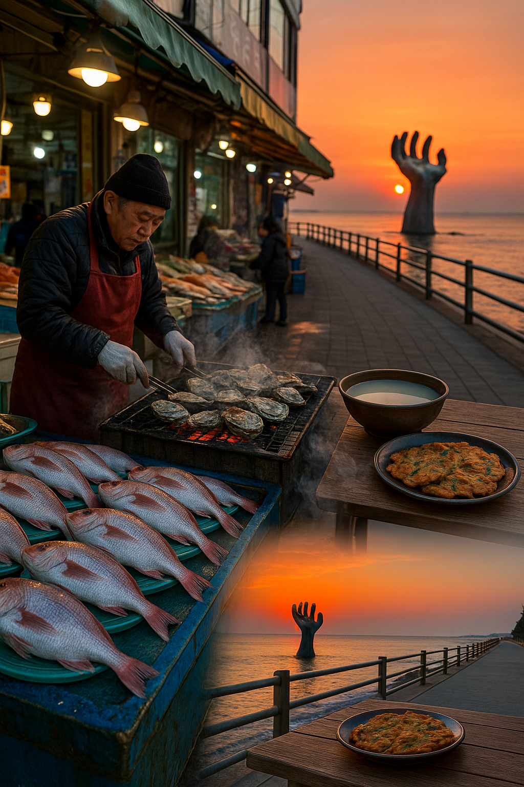 해돋이 빛을 받은 상생의 손 앞 죽도시장 노점에서 숯불에 굽는 굴구이와 활어회, 그리고 해변 테이블 위의 막걸리와 해물파전이 어우러진 풍경