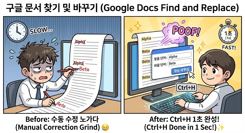 구글 문서 찾기 및 바꾸기(Ctrl+H): 100페이지 속 특정 단어를 1초 만에 일괄 수정하는 법