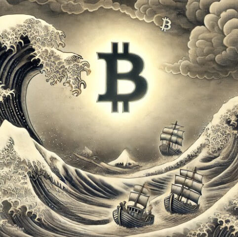 글로벌을 바다로, 비트코인을 배로 비유한 동양화풍 그림. 배가 큰 파도에 위기를 맞는 형국이 그려져있다.